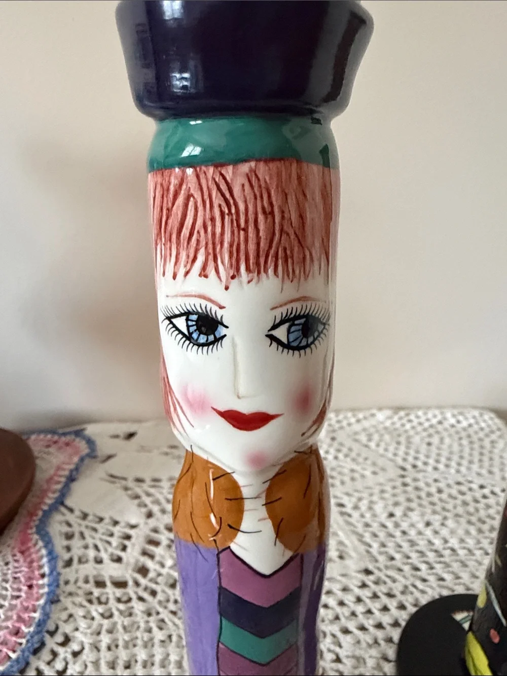 Hand-Painted Ceramic Figurine Candlestick Pair in Purple, Teal, Black